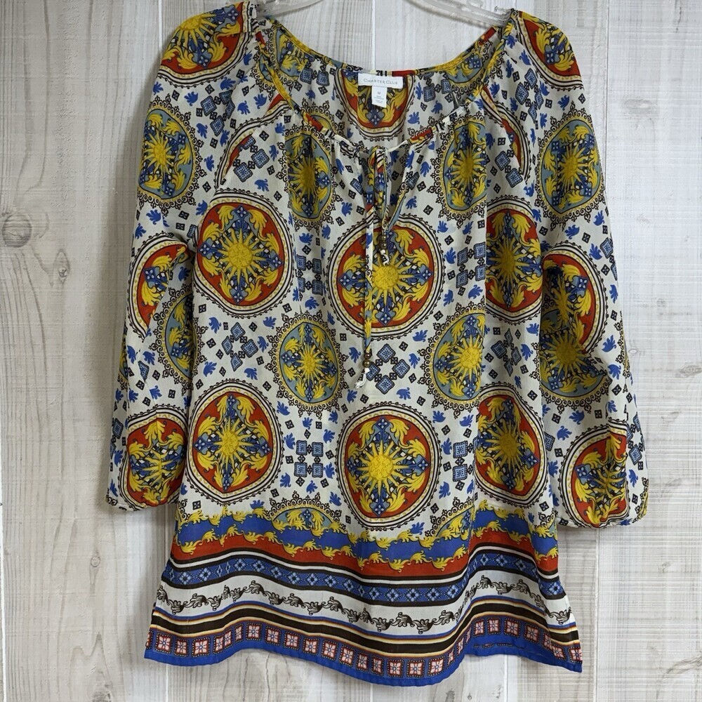 Charter Club Boho 3/4 Sleeve Geometric‎ Tie Neck Top Blouse Celestial Sz M